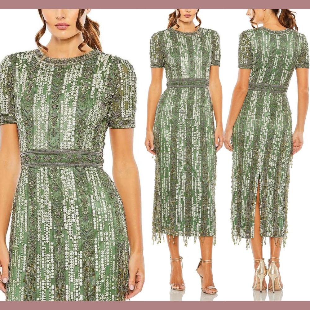 Nwt Mac Duggal [ 10 ] 5980 High Neck Short Sleeve Crystal Fringe Dress Sage